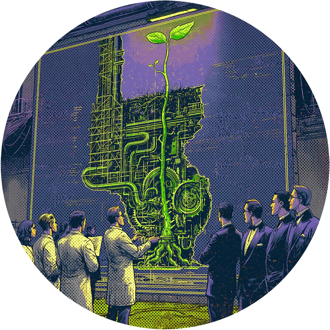 Illustration: scientists and investors watching a green shoot grow up through an industrial machine