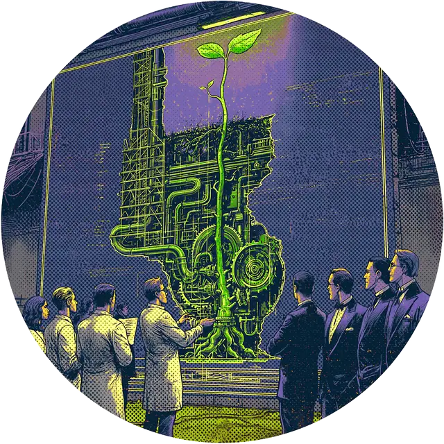 Illustration: scientists and investors watching a green shoot grow up through an industrial machine