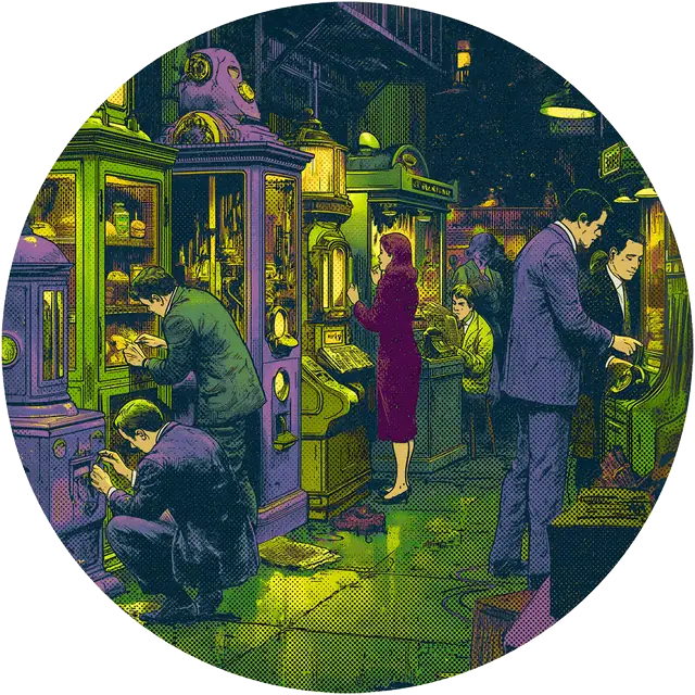 Illustration: a workshop of glass cabinets where people examine specimens under lamplight
